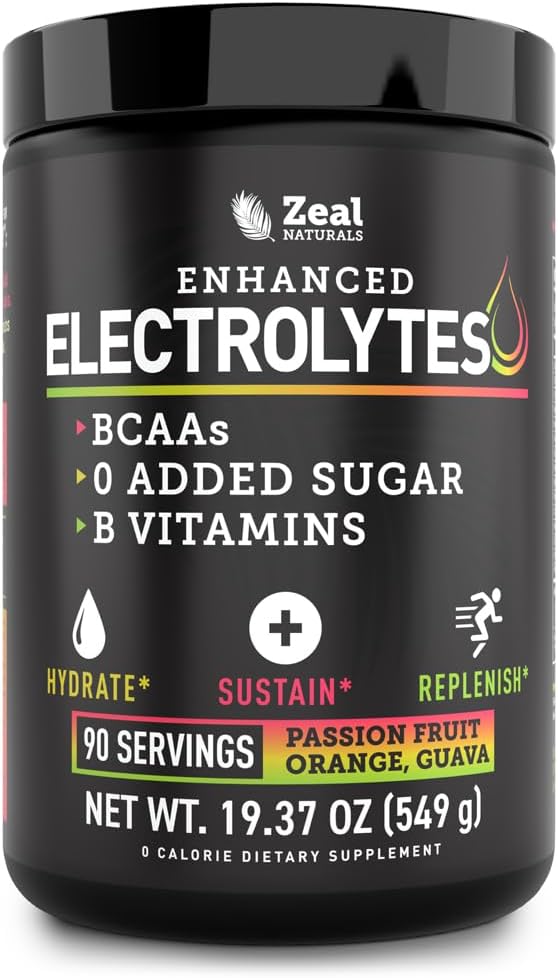 Zeal Electrolyte Powder - 90 Servings | Keto Electrolytes Powder | Zero Sugar, BCAAs, B-Vitamins | Potassium, Zinc, Magnesium | Hydration Powder Recovery Drink | Passion Fruit Orange Guava