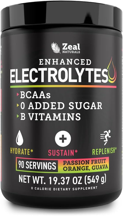 Zeal Electrolyte Powder - 90 Servings | Keto Electrolytes Powder | Zero Sugar, BCAAs, B-Vitamins | Potassium, Zinc, Magnesium | Hydration Powder Recovery Drink | Passion Fruit Orange Guava