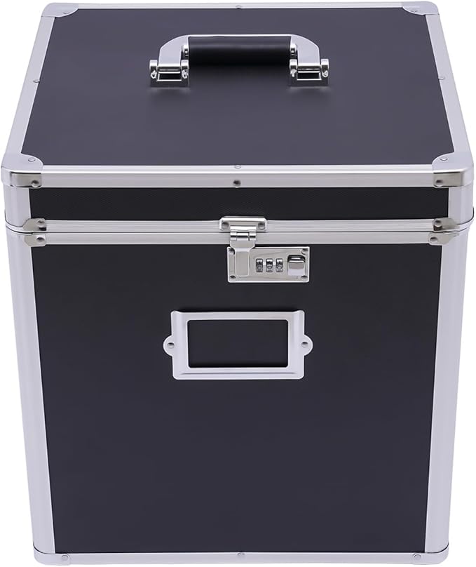 Stackable Vinyl Record Storage Box, Lockable 50 Album Storage Holder, Portable Locking File Storage Organizer with Handle, Letter/Legal File Storage,Black