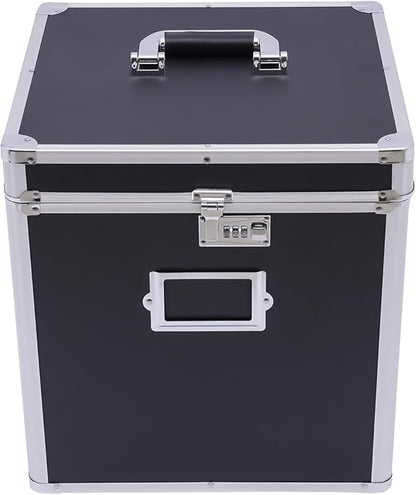 Stackable Vinyl Record Storage Box, Lockable 50 Album Storage Holder, Portable Locking File Storage Organizer with Handle, Letter/Legal File Storage,Black