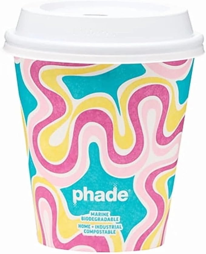 phade 12 oz Paper Hot Cups with Lids - 80 Count - Marine Biodegradable, Compostable & PFAS-Free - Made in USA Eco Coffee Cups, Squiggle Multi-Color