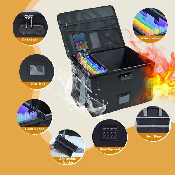 File Box with Hanging Folders Important Fireproof Document Organizer with Lock Collapsible Portable File Box with Handle for Home or Office for Hanging Letter & Legal Folder