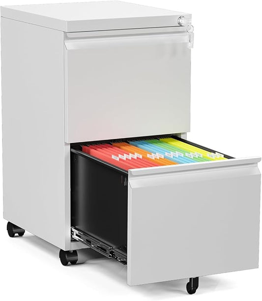 2 Drawer File Cabinet, Small Mobile File Cabinet with Lock, Metal Rolling Filing Cabinets for Letter/Legal/A4 File, Home, Office, White