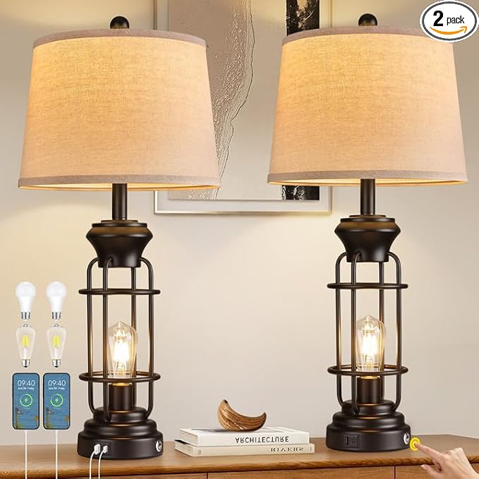 Table Lamp Set of 2 with USB Ports, 28" Tall Farmhouse Table Lamp with 2 Nightlight Bulbs,Touch Control Table Lamps for Bedroom, Rustic Bedside Lamp for End Tables,Bulbs Included,Black