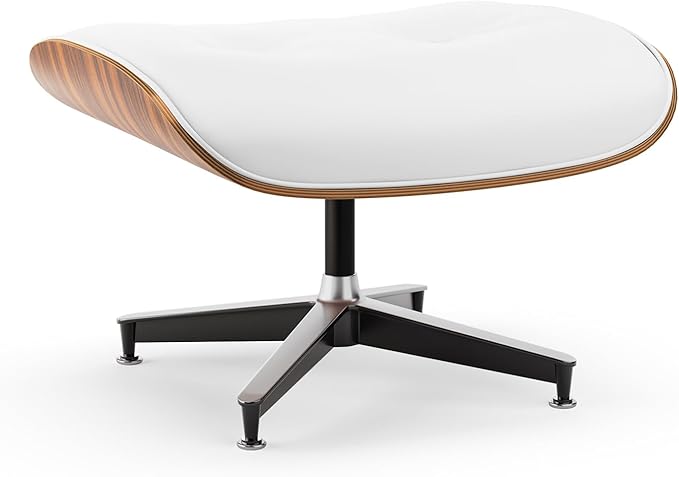 Top White PU Leather, Mid Century Chaise Lounge Chair and Ottoman, Modern Chair Classic Design, Palisander Wood, Heavy Duty Base Support for Living Room Office