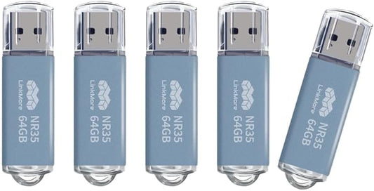 LinkMore 64GB (5 Pack) NR35 USB Flash Drive – USB 3.2 Memory Stick with Cap and Keychain Loop, Up to 70MB/s Read, 10MB/s Write – Plug & Play USB Drive for PC, Mac, TV, Car