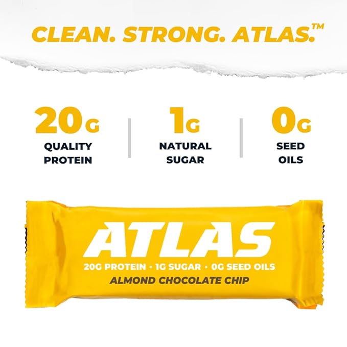 Atlas Bar – 20g Protein, 1g Sugar, 0g Seed Oils, 0g Artificial Sweeteners (Almond Chocolate Chip, 12 Count) (12 Count, Almond Chocolate Chip)
