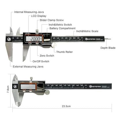 KETOTEK Digital Caliper Measuring Tool, IP54 Waterproof Stainless Steel Electronic Vernier Caliper 6 Inch/150mm Digital Micrometer with Large LCD Screen