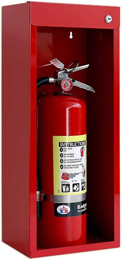 Fire Extinguisher Mount - Red Cabinet with Break Glass Window & Breaker Bar - 22 Gauge Steel, Powdercoat Finish, Universal Wall Mountability, 5 -10 lb. Capacity, Made in USA, Extinguisher Not Included