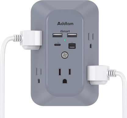 Addtam Surge Protector Outlet Extender, Multi Plug Wall Outlet with 4 USB Ports(PD 20W), 3-Sided 1800J Power Strip Plug Extension Outlet Splitter, Gray