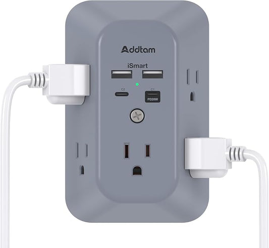 Addtam Surge Protector Outlet Extender, Multi Plug Wall Outlet with 4 USB Ports(PD 20W), 3-Sided 1800J Power Strip Plug Extension Outlet Splitter, Gray