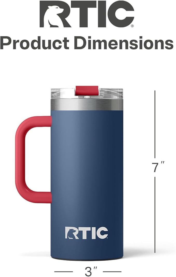 RTIC 16oz Road Trip Travel Mug with Lid and Handle, Ceramic Lined, Insulated, Stainless Steel, Metal, Double Wall Vacuum-Insulation, Portable Coffee, Tea Cup for Hot and Cold Drink, Patriot