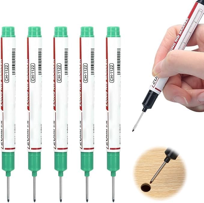 5PCS Long Head Deep Hole Marker Pens, 20mm Deep Reach Markers, Long Nose Marker, Waterproof Construction Markers Marking Tool, Permanent Markers Carpenter Ink Marker Pens, Metal Marking Pen (Green)