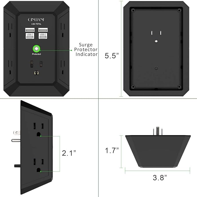 USB Wall Charger, Surge Protector, QINLIANF 5 Outlet Extender with 4 USB Charging Ports(2U2C) 3-Sided 1680J Power Strip Multi Plug Outlets Wall Adapter Spaced for Home Travel Office,Black