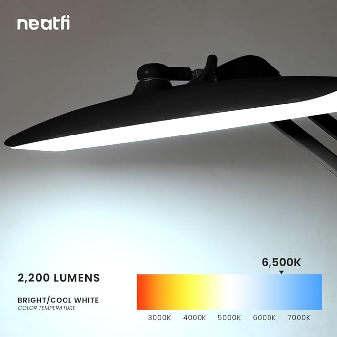 Neatfi XL LED Desk Lamp with Base, 2200 Lumens, 24W, 20-Inch Wide Head, Dimmable 4 Brightness Levels, Task Light for Home Office, Crafts, Workbench (Non-CCT, Black)