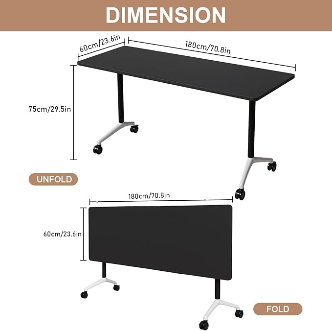 Folding Conference Table, Conference Room Tables Foldable Large Meeting Seminar Table on Wheels,Flip Top Boardroom Training Tables for Office, Classroom,Meeting (4, Black, 70.8)
