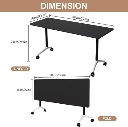 Folding Conference Table, Conference Room Tables Foldable Large Meeting Seminar Table on Wheels,Flip Top Boardroom Training Tables for Office, Classroom,Meeting (4, Black, 70.8)