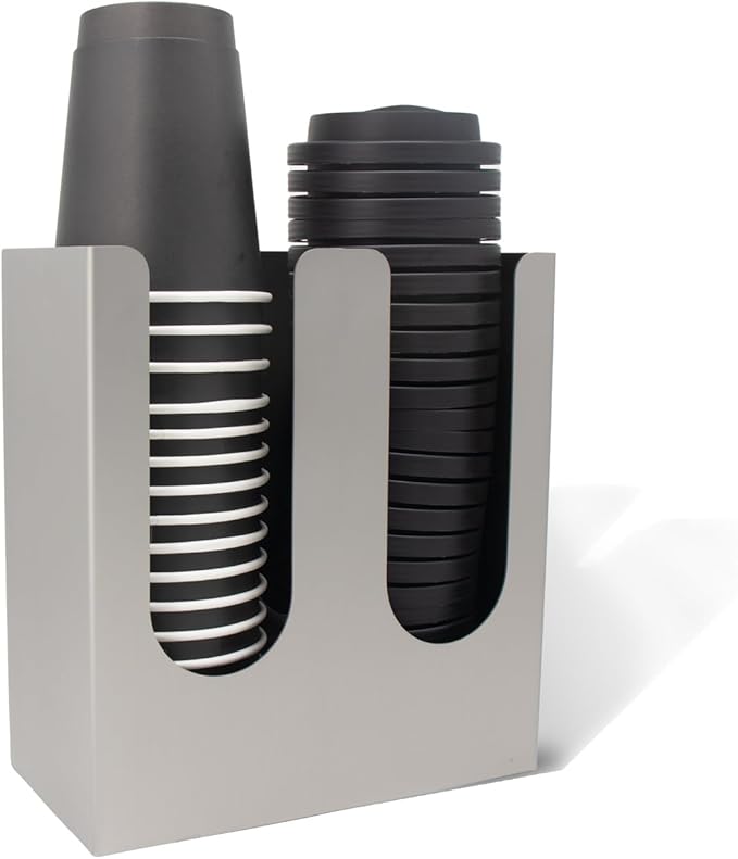 Coffee Cup and Lid Organizer Stainless Steel Sturdy Cup Dispenser Silver 2-Compartment Cup Rack No Need to Assemble Desktop Restaurant Kitchen for Convenient Storage