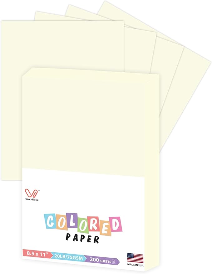 Woodlake Cream Copy Paper, Colored Printer Paper, 8.5 x 11”, 20 LB / 75 GSM Computer Paper, 200 Sheets, Multi-Purpose Pastel Paper, Made in USA