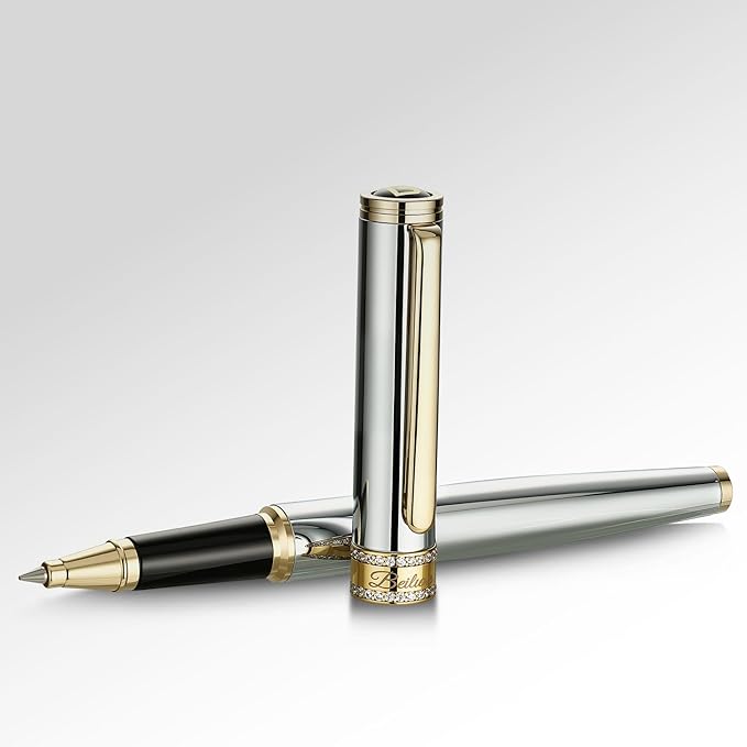 BEILUNER Silver Chrome Rollerball Pen, Diamond-Studded Cap Design, 24K Gold Trim, Noble and Elegant, Schneider Ink Refill, Best Pen Gift Set for Women & Men, Professional, Business Office, Nice Pens