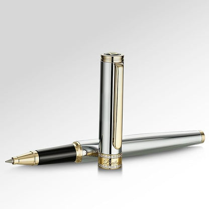 BEILUNER Silver Chrome Rollerball Pen, Diamond-Studded Cap Design, 24K Gold Trim, Noble and Elegant, Schneider Ink Refill, Best Pen Gift Set for Women & Men, Professional, Business Office, Nice Pens