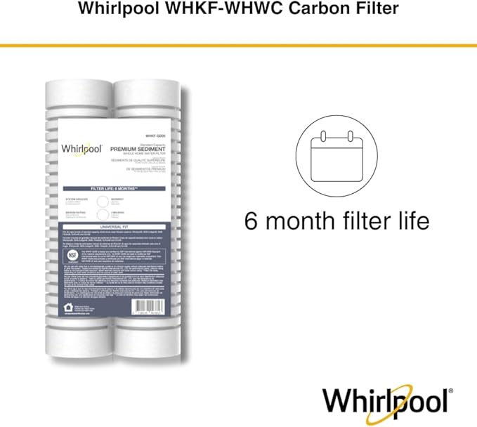 Whirlpool 10" x 2.5" Whole Home Standard Capacity Sediment Filters WHKF-GD05, 5 Micron, 6-Month Filter Life, Reduces Sediment, Sand, Soil, Silt & Rust, for standard filter housings, 2-Pack