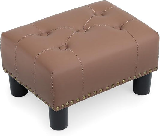Athena Collection Small Ottoman, Leather Upholstered Foot Rest & Storage Ottoman Rectangular Footstool with Legs & Nailhead Trim, Brown