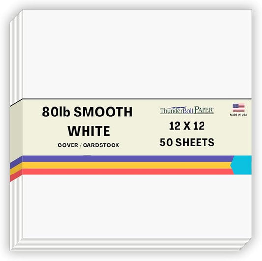 50 Bright White Smooth 80# Card Paper Sheets - 12" X 12" (12X12 Inches) Scrapbook Album|Cover Size - 80 lb/Pound Cover Weight - Quality Paper for Consistency in Print as a Result of The Smooth Finish