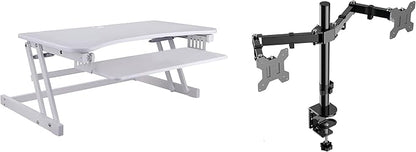 Rocelco 37.5" Height Adjustable Standing Desk Converter with Dual Monitor Mount and Slide Out Retractable Keyboard Tray - Sit Stand Up Double Screen Tabletop Riser Workstation - White (R DADRW-DM2)