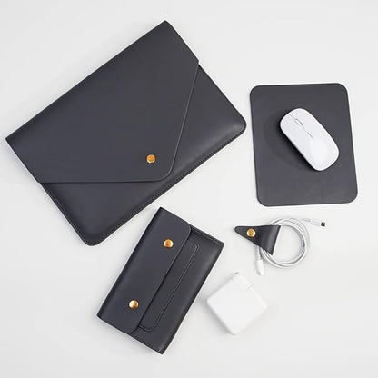 PU Leather Laptop Sleeve 13 Inch Compatible for 2024 13inch MacBook Air M3,13 MacBook Pro M2, Surface Pro 3 4 5 6 7, Dell XPS 13 with Small Pouch, Mouse Pad and Cord Organizer Color Dark Grey