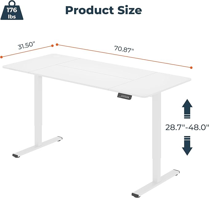 Standing Desk, Large 71x31 Inches Height Adjustable Stand Up Desk with Cable Management, Home Office Computer Desk with Memory Preset with Charging USB Port & Sedentary Reminder