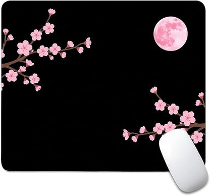 Square Mouse Pad Pink Cherry Blossoms Moon, Personalized Premium-Textured Custom Mouse Mat Design, Washable Mousepad Cloth, Non-Slip Rubber Base Computer Mouse Pads for Wireless Mouse