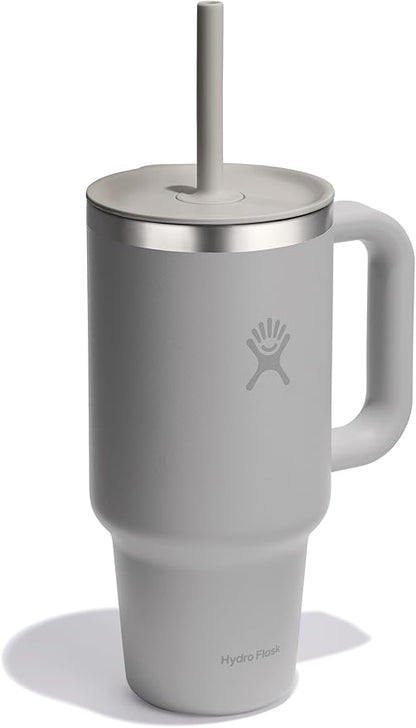 Hydro Flask Travel Tumbler with Handle, Lid and Straw - Insulated Stainless Steel in 32 Oz Tonal Birch Gray