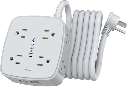 10 Ft Surge Protector Power Strip - 8 Widely Outlets with 4 USB Ports, 3 Side Outlet Extender with 10 Feet Extension Cord, Flat Plug, Wall Mount, Desk USB Charging Station, ETL, Grey