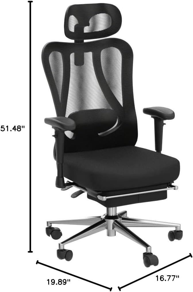 Hbada P3 Ergonnomic Office Chair with 2D Adjustable Lumbar Support, Office Chair with Adjustable Headrest and Armrest, 145° Stepless Tilt Function, Black(with Footrest)
