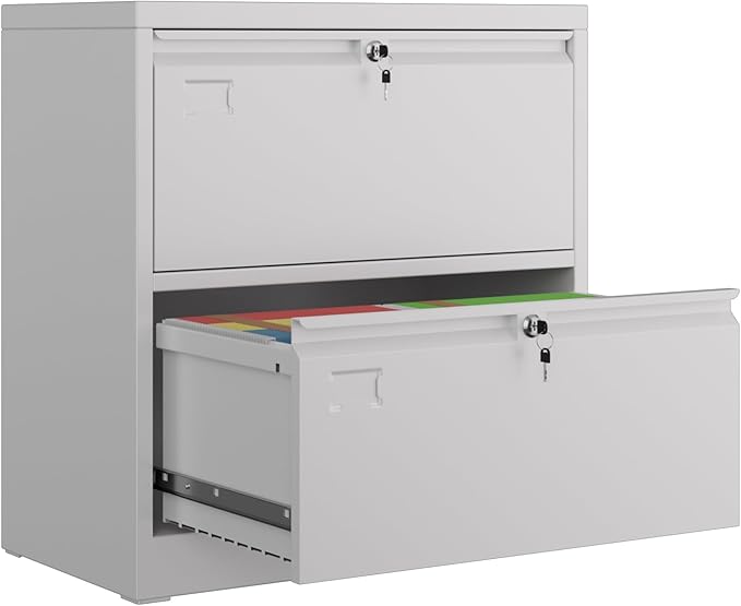 SUXXAN Metal 2 Drawer Lateral File Cabinet with 2 Lock - Wide Filing Cabinet for Letter/Legal/F4/A4 Hanging Files - Includes Business Card Holder,Home Office School Storage,White