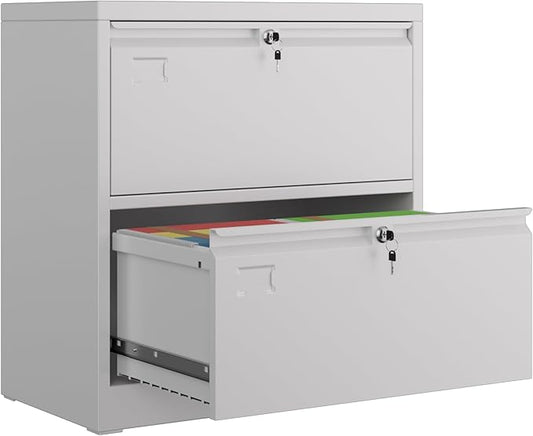 SUXXAN Metal 2 Drawer Lateral File Cabinet with 2 Lock - Wide Filing Cabinet for Letter/Legal/F4/A4 Hanging Files - Includes Business Card Holder,Home Office School Storage,White