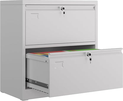 METAN Upgrade Metal 2 Drawer Lateral Files Cabinet for Home Office, Lockable Steel Wide File Storage Cabinet for Hanging Legal/Letter A4 Size, Assembly Required,White