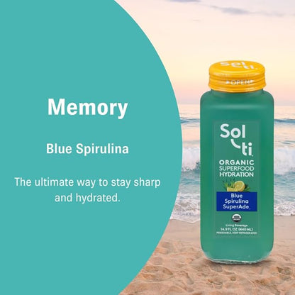 Organic SuperAde Hydration Drink, Boosts Memory, SuperFood Lemonade by Sol-ti, Cold-Pressed Blue Spirulina and Lemon Juice Blend, 16 Pack (14.9 Fl oz)