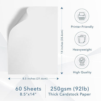 MOS White Legal Cardstock Paper 8.5 x 14 Inch (60 Sheets) — Heavyweight 250 GSM Cover Stock for Certificates, Menus, Legal Documents, Crafts, Printer Compatible