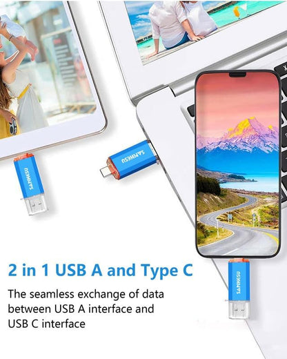 64GB USB C Flash Drive, Jump Drive USB-A & Type-C OTG Memory Stick, Dual Thumb Drive for PC/Laptop/Type C Cell Phone and Tablet (Blue)