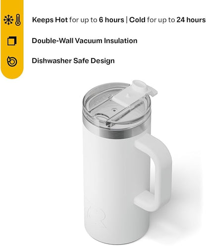 RTIC 16oz Road Trip Travel Mug with Lid and Handle, Ceramic Lined, Insulated, Stainless Steel, Metal, Double Wall Vacuum-Insulation, Portable Coffee, Tea Cup for Hot and Cold Drink, Cool Grey