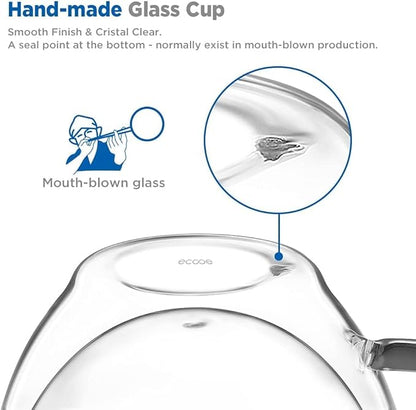 ecooe Double Walled Glass Coffee Mug 12 oz Latte Cappuccino Cups Set of 2, Clear Glass Coffee Cups with Handle, 350 ml Insulated Coffee Cup Borosilicate Heat Resistant Glass Mug Tea Cup
