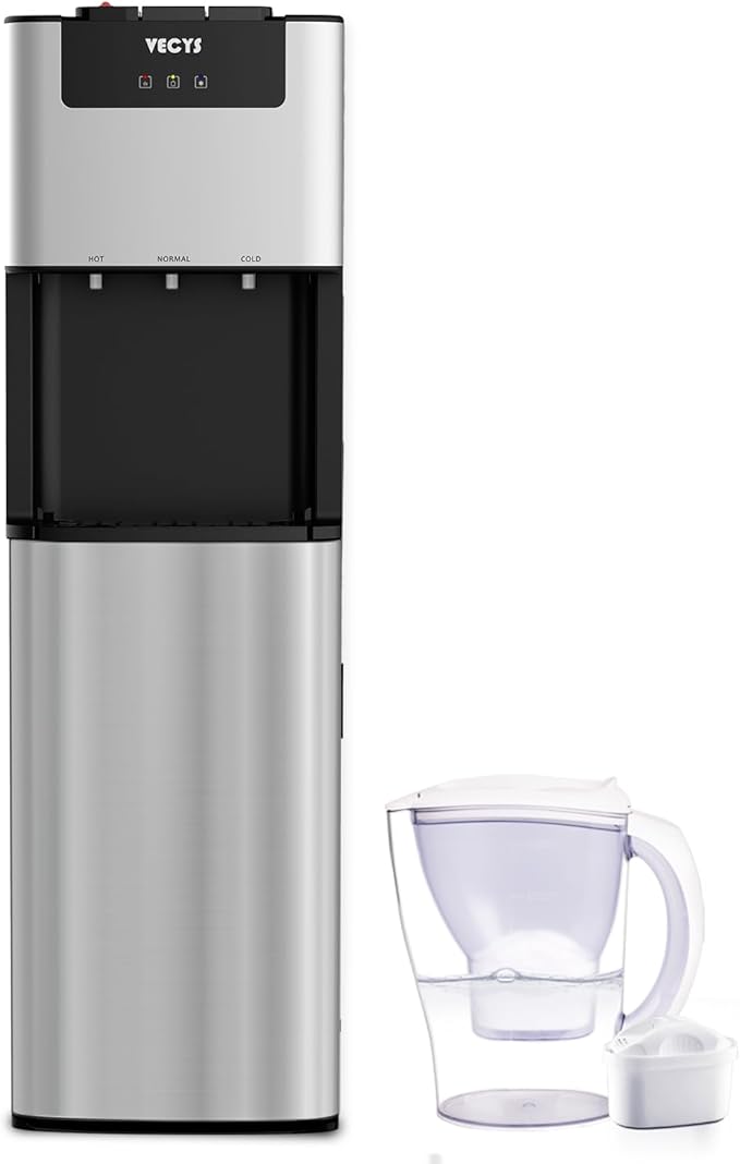 VECYS Bottom Loading 3 5 Gallon Self-Clean Water Dispenser, Hot Cold Room Temper Water Cooler with Child Safety Lock, 304 Stainless Steel Reservoirs and Water Intake Tube