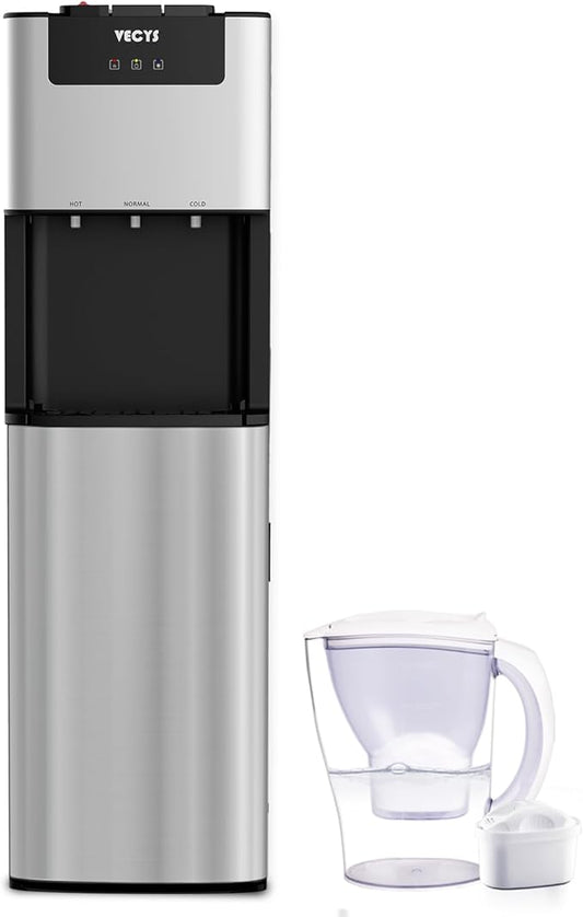 VECYS Bottom Loading 3 5 Gallon Self-Clean Water Dispenser, Hot Cold Room Temper Water Cooler with Child Safety Lock, 304 Stainless Steel Reservoirs and Water Intake Tube