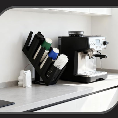 Coffee Cup Dispenser Plastic Disposable Paper Cup and Lid Holder with 4 Compartment Adjusting for Countertop Coffee Station Bar Office Home Restaurant Kitchens (Black)