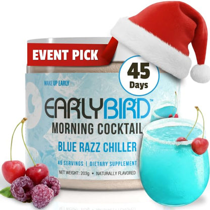 EarlyBird Energy Drink Powder - Morning Cocktail Blue Razz Chiller - Zero Sugar Electrolytes with Amino Acids - Electrolytes Powder & Caffeine Drink Mix for Morning Energy, Focus & Hydration - 45 Servings
