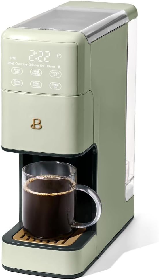 Beautiful Single Serve Coffee Maker with Built-In Burr Grinder, Hot or Iced, Pod-Free, 6 Brew Sizes, 3 Strengths, Touch Display, Reusable Filter, 64oz Reservoir, Slim Design (Sage Green)