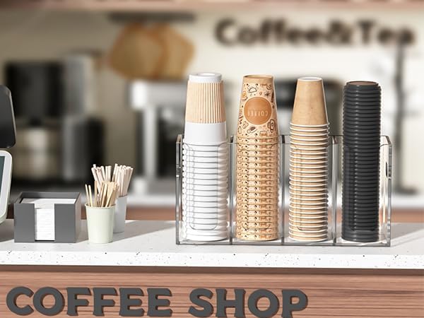WINFFOR Disposable Cup Organizer Dispenser - 4 Compartments Clear Acrylic Cup and Lid Holder with Handles Plastic Cup Dispenser Countertop Paper Cup Holder for Coffee Bar House Party Essentials