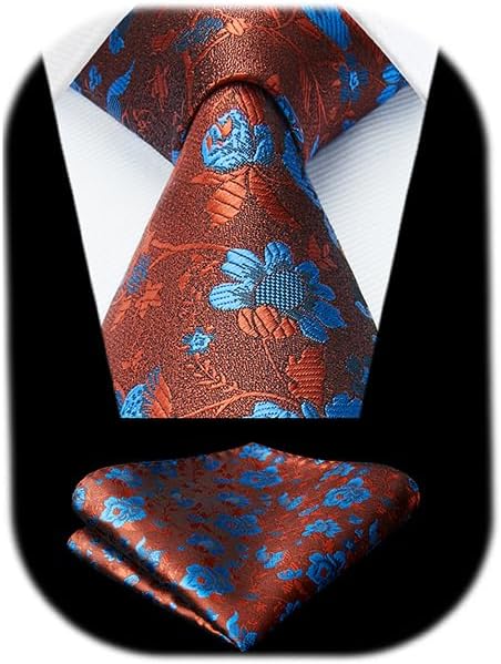 HISDERN Men Floral Ties Woven Classic 3.4" Necktie Set Formal Tie Pocket Square for Wedding with Handkerchief Gift Box